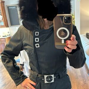 NILS Black Belted Ski Jacket with  faux Fur Hood